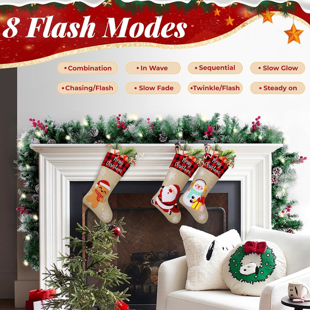 With Lights, Timer Artificial Lighted Garland Indoor for Stairs, Fireplace, 50 Lights Green Garland, Christmas