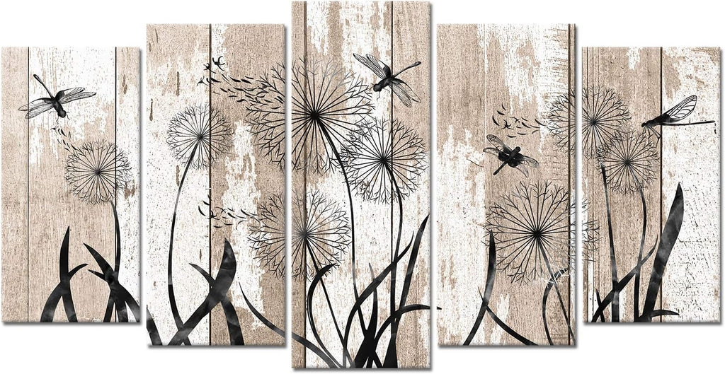 5 Pieces Large Abstract Dragonfly with Dandelion Giclee Print Canvas Wall Art on Rustic Beige Wood Textured Picture