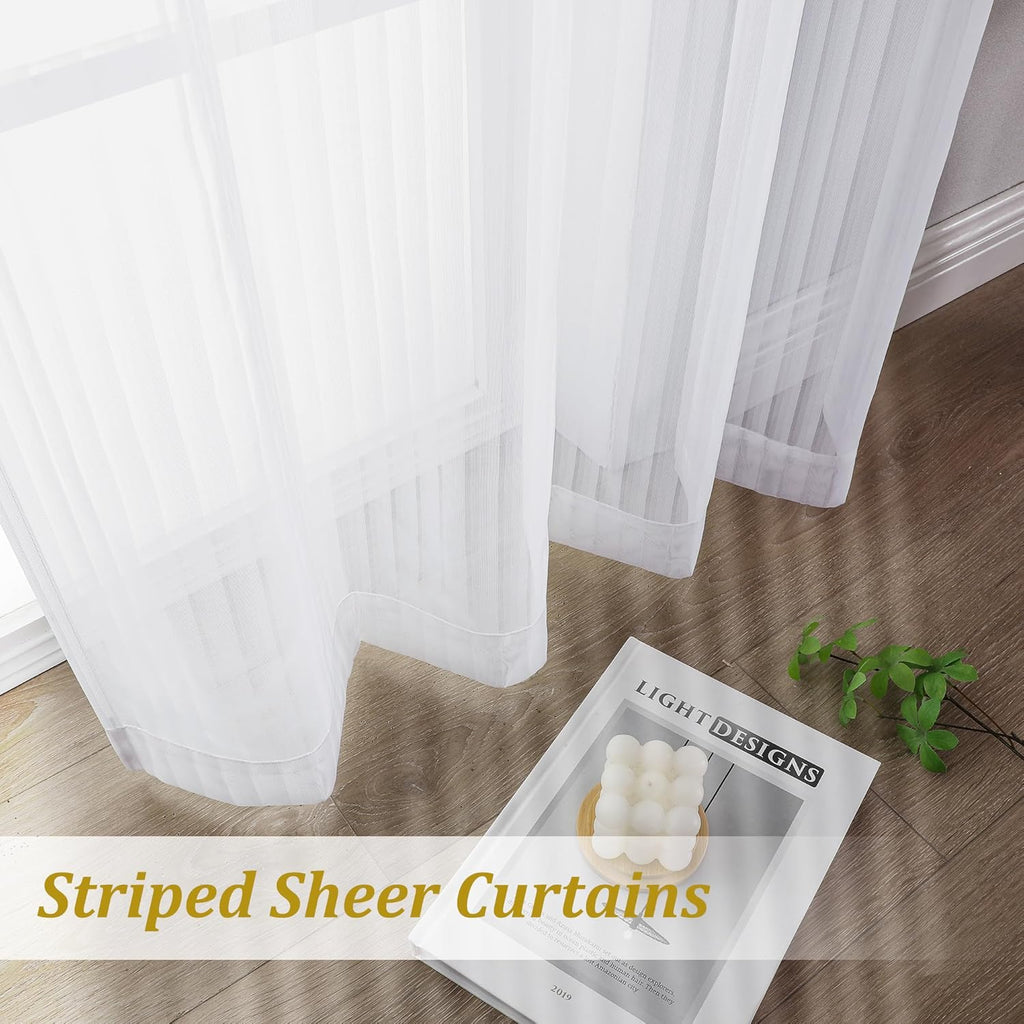 White Striped Kitchen Curtains - Short Semi Sheer Cafe Curtains Tier 36 Inch Length 2 Panels Set, Light Filtering