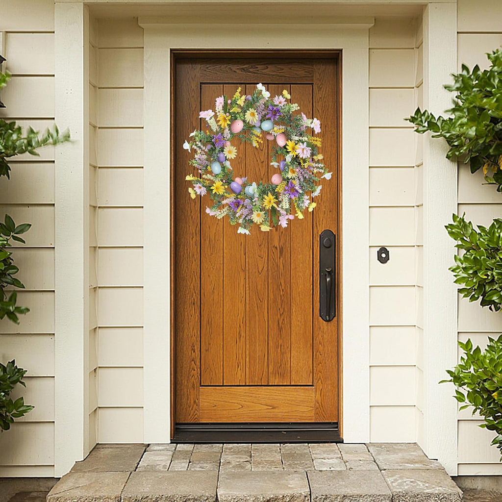 20 Inch Easter Wreath with Spring Artificial Flower Colorful Eggs Daisies Lavender Eucalyptus Leaves for Front Door