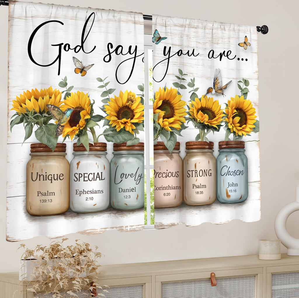Sunflower Inspirational Kitchen Curtain 26W X 30L Inch 2 Panel Rod Pocket Yellow Floral God Says You are Quotes
