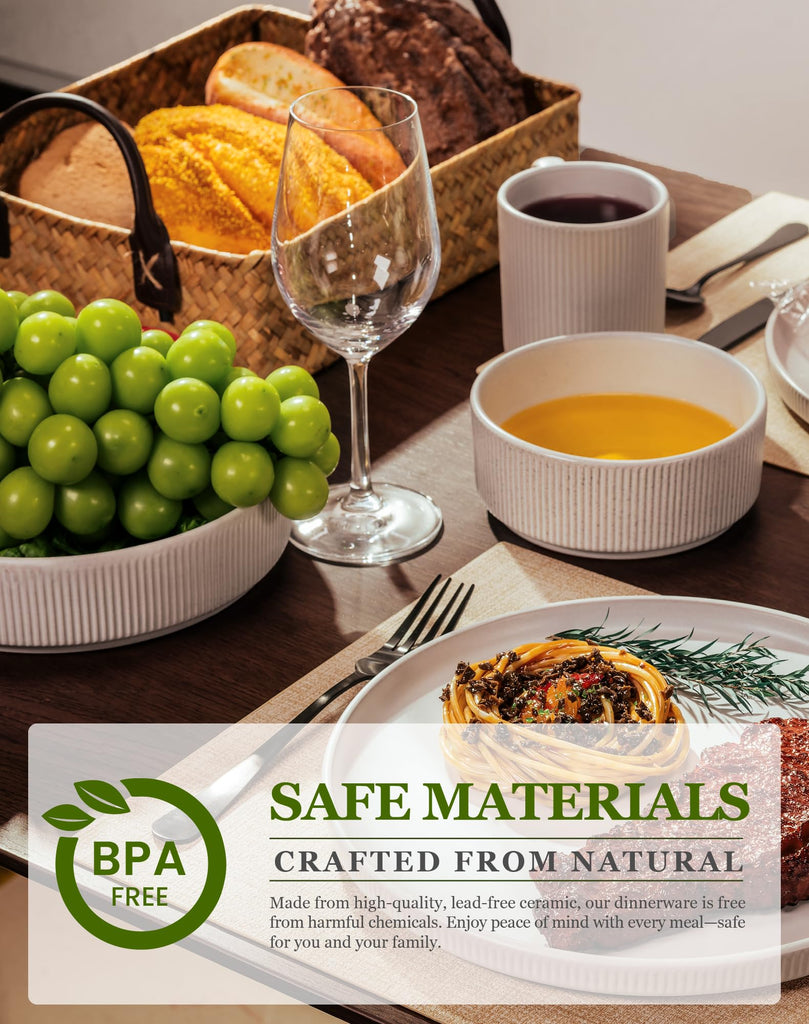 16-Piece Dinnerware Set for 4 with Mugs, Ribbed Stoneware Plates and Bowls Sets, Unique Handcrafted Reactive Glaze