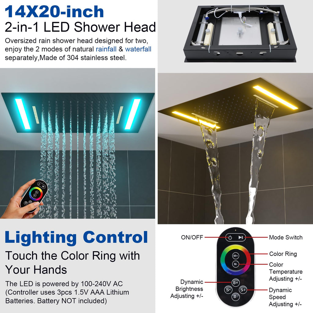 Oil Rubbed Bronze Dual Rain Shower Head System, 2 In 1 Functions Ceiling Mount 14x20inch LED Shower Head with 6 Inch