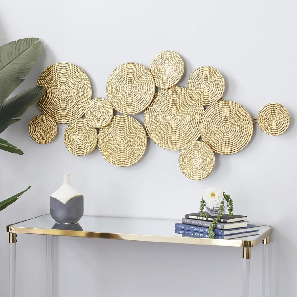 Metal Plate Home Wall Decor Wall Sculpture with Textured Circles, Wall Art 49" x 3" x 24", Gold