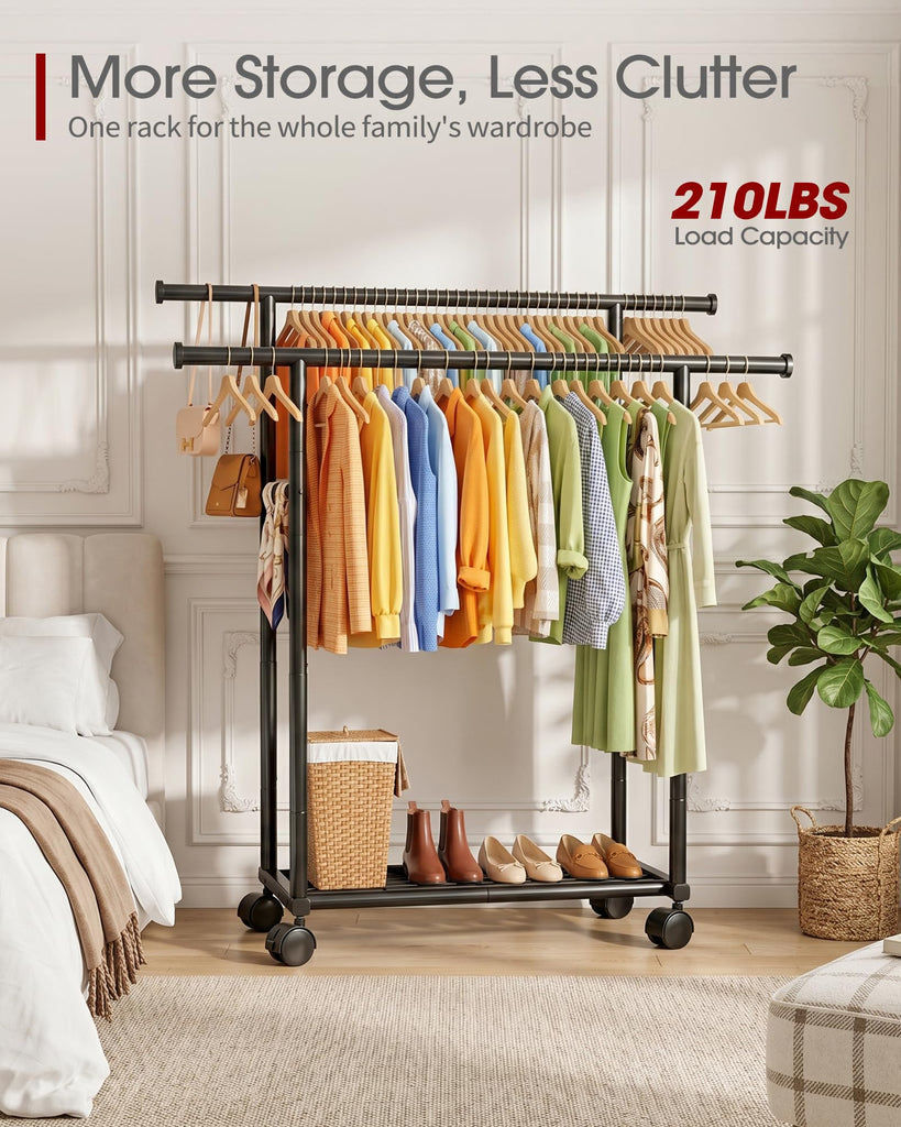 Rolling Double Rod Clothes Rack with Shelf, 39" x 17" x 60", Black