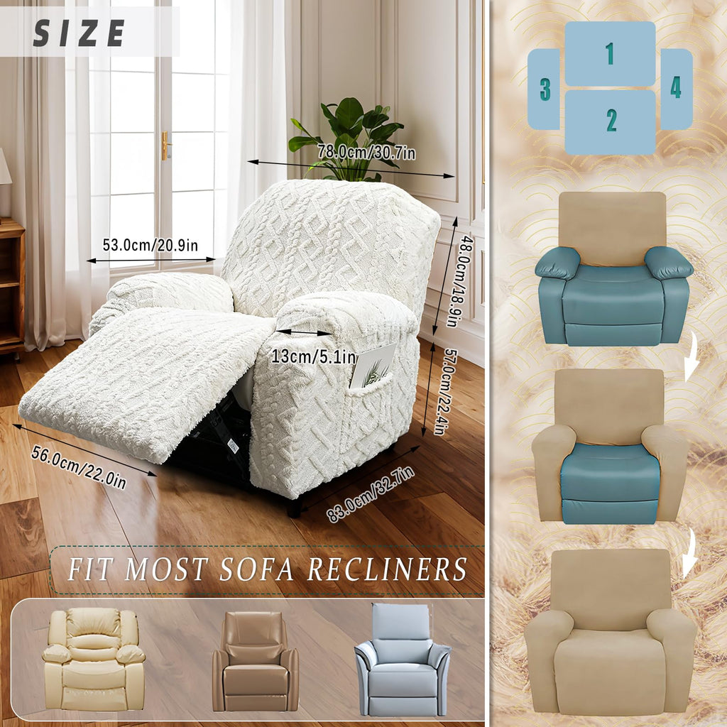 Recliner Chair Covers 4-Pieces, Soft, Stretchable, White, Modern Home Decor, Furniture Protector with Elastic Straps