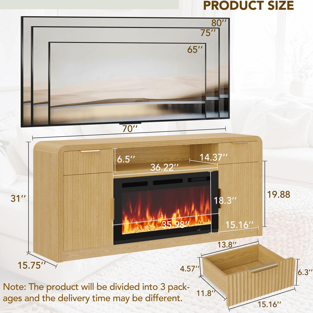 70" Fireplace TV Stand, Fluted Entertainment Center 36" Electric Fireplace for TVs Up to 80", Wood Media Console with