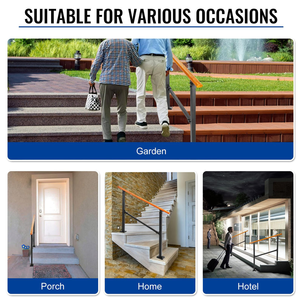 Metal Wood Grain Handrail for Elderly, 3 Step Hand Rails for Outdoor Steps