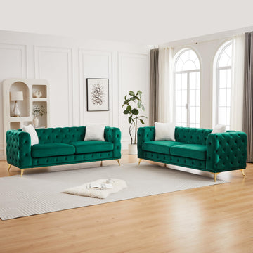 2-Piece Luxury Chesterfield Sofa Set with 2 Velvet 3-Seater Sofa, Mid-Century 6-Seater Tufted Buttons Couch Set with