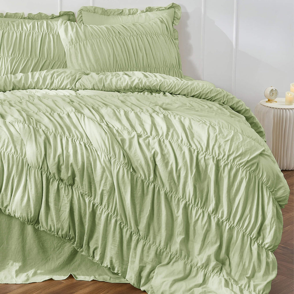 Green Ruched Comforter Set Ruffle Comforter Bedding
