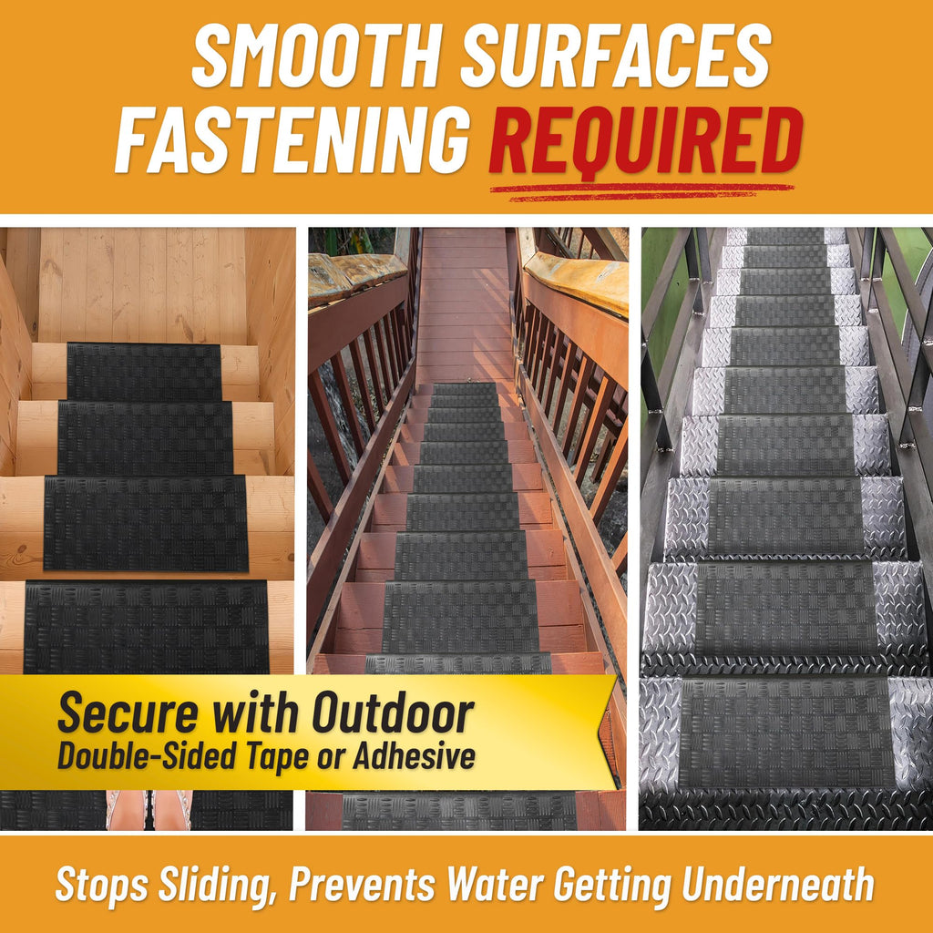 Bullnose Outdoor - Ribbed Heavy-Duty Non-Slip Stair Mats - Best Grip on Concrete, Brick & Textured Step - Fastening