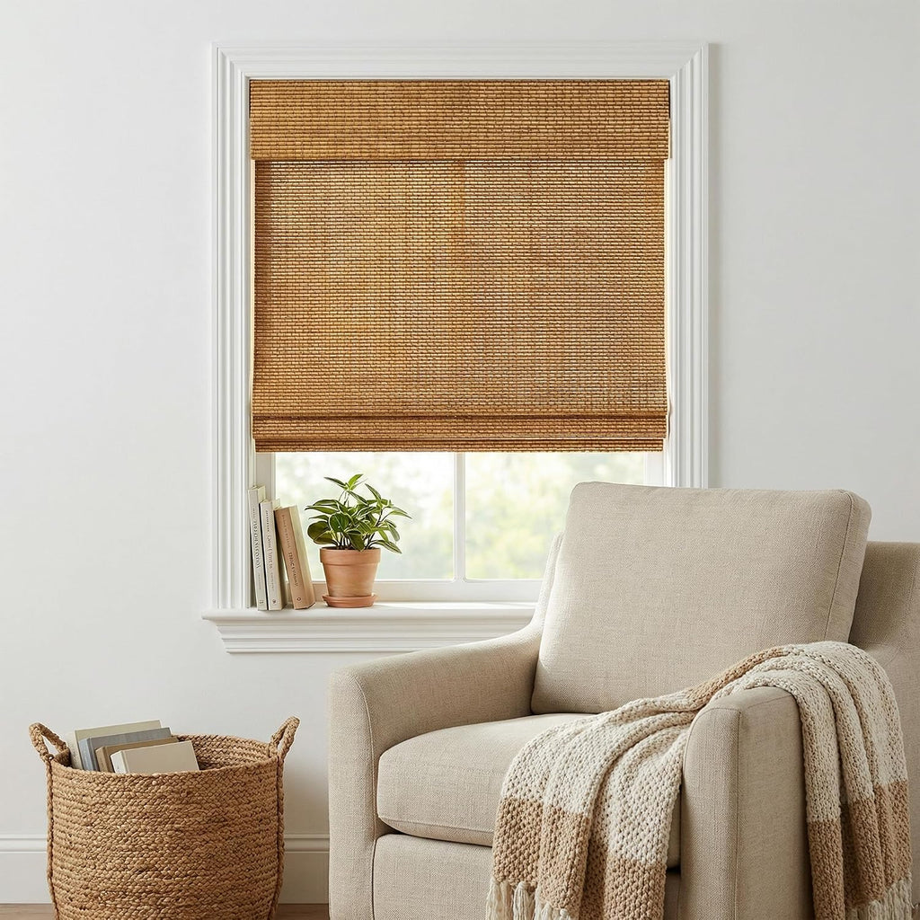 Cordless Woven Wood Roman Shades, Bamboo Shades Sizes 20 to 72 Wide and 24 to 72 High, Bamboo Mesh Natural