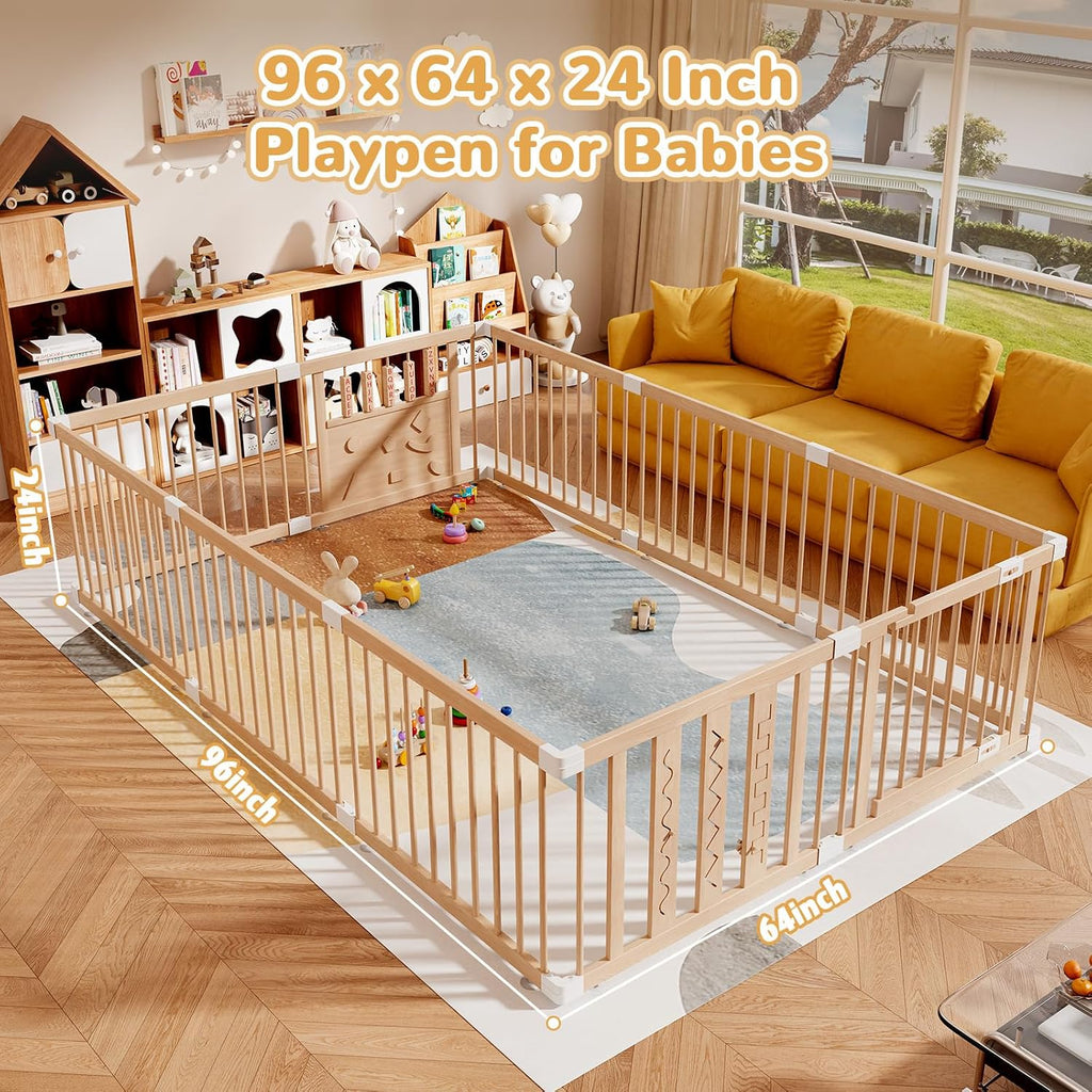Wooden Baby Playpen, 96"x64" Extra Large Play Yard for Toddlers | Natural Wood Playpen with Child-Proof Lock, Easy