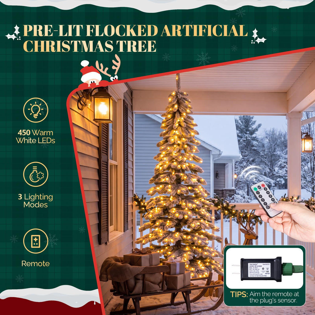 7.5ft Pre-Lit Flocked Slim Artificial Christmas Tree, 450 LED Lights