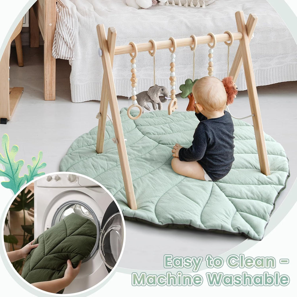 Wooden Baby Play Gym, Leaf Shaped Mat Baby Foldable Gym with 6 Hanging Toys