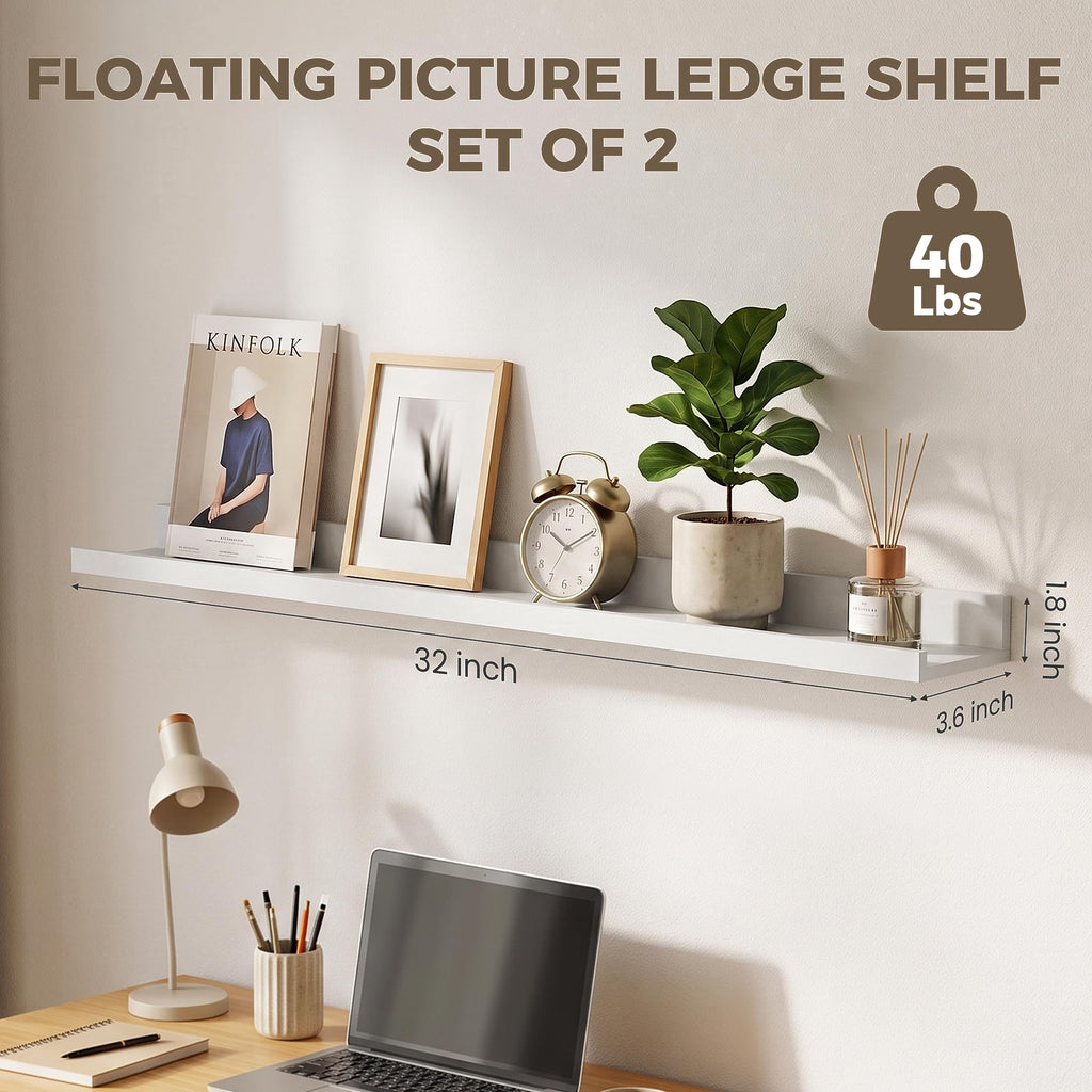 Picture Ledge Shelf, 32'' White Floating Shelves with Lip Set of 2