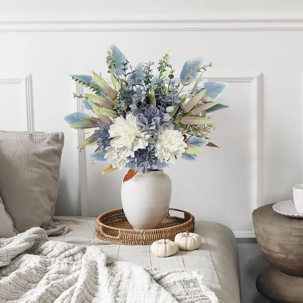 Blue White Fake Artificial Flowers Bouquet, Silk Floral Arrangements - Set of 11