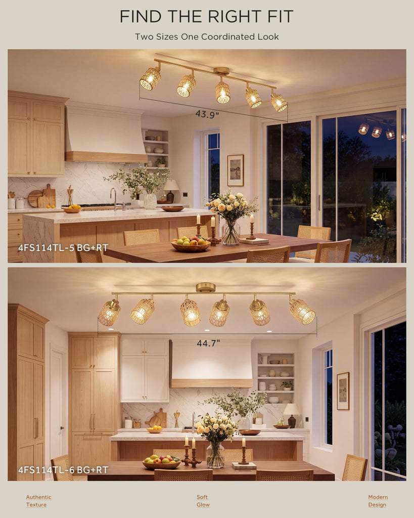44.9" Kitchen Track Lighting, 6-Light Rattan Track Light