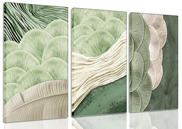 Framed Abstract Green Wall Art Set of 3-Mid Century Textured Natural Botanical Living Room Wall Decor, Green