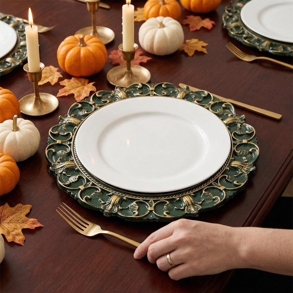 Green Charger Plates, 13 Inch Plate Chargers for Dinner Plates. Set of 6 Plastic Embossed Charger for Dinner, Party
