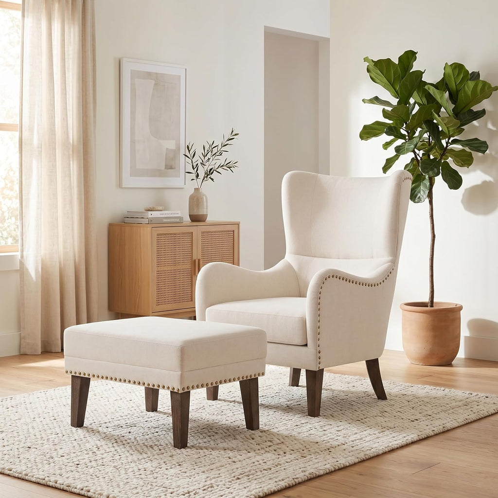 Accent Wingback Chair with Ottoman, Upholstered High Back Reading Chair, Beige Linen Blend Armchair with Nailhead