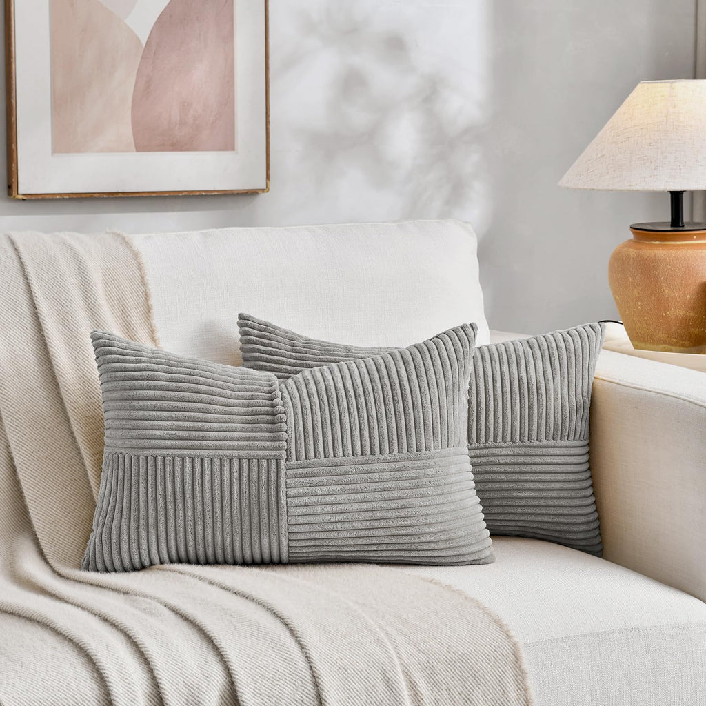 Grey Lumbar Decorative Throw Pillow Covers 16x32 Inch Couch Bed Sofa, Rustic Farmhouse Boho Home Decor, Soft Striped