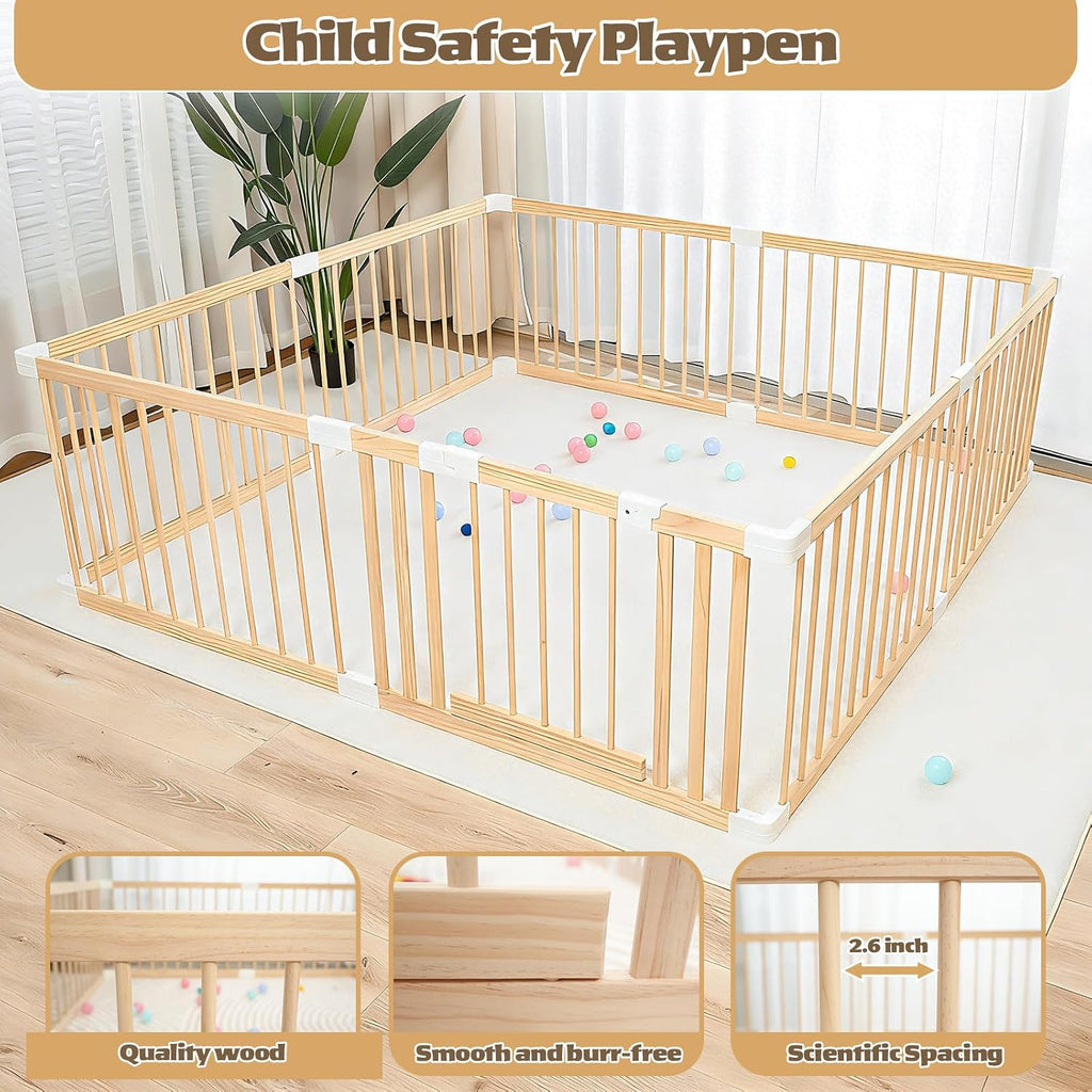 Extra Large Wooden Baby Playpen, Baby Playard Area Indoor, Non-Fold 73"x73" | Play Pen for Babies and Toddlers Kids