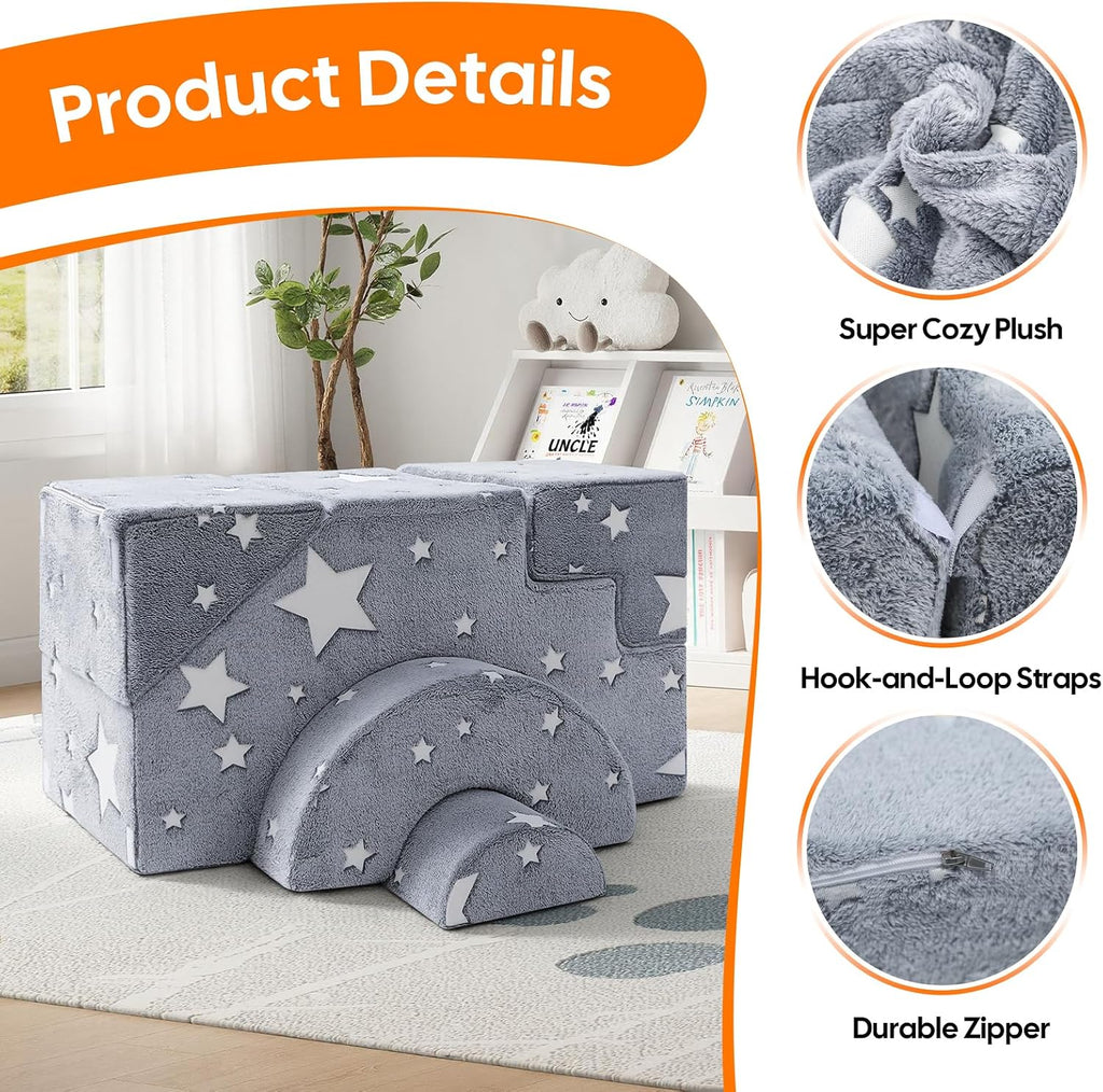 Kids Couch, Glow in Dark Stars Foam Climbing Sofa with Slide