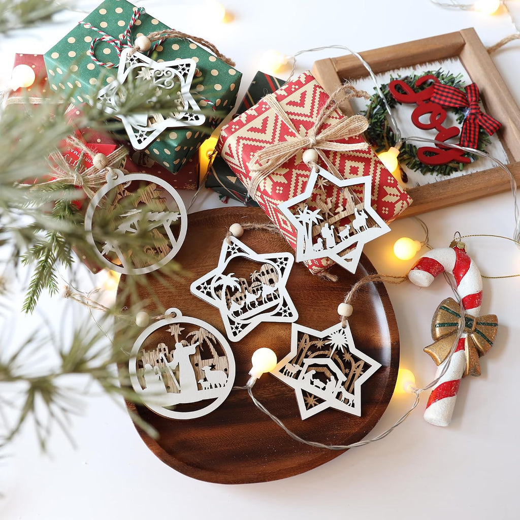 Wooden Nativity Scene Christmas Tree Ornaments Set - Set of 18