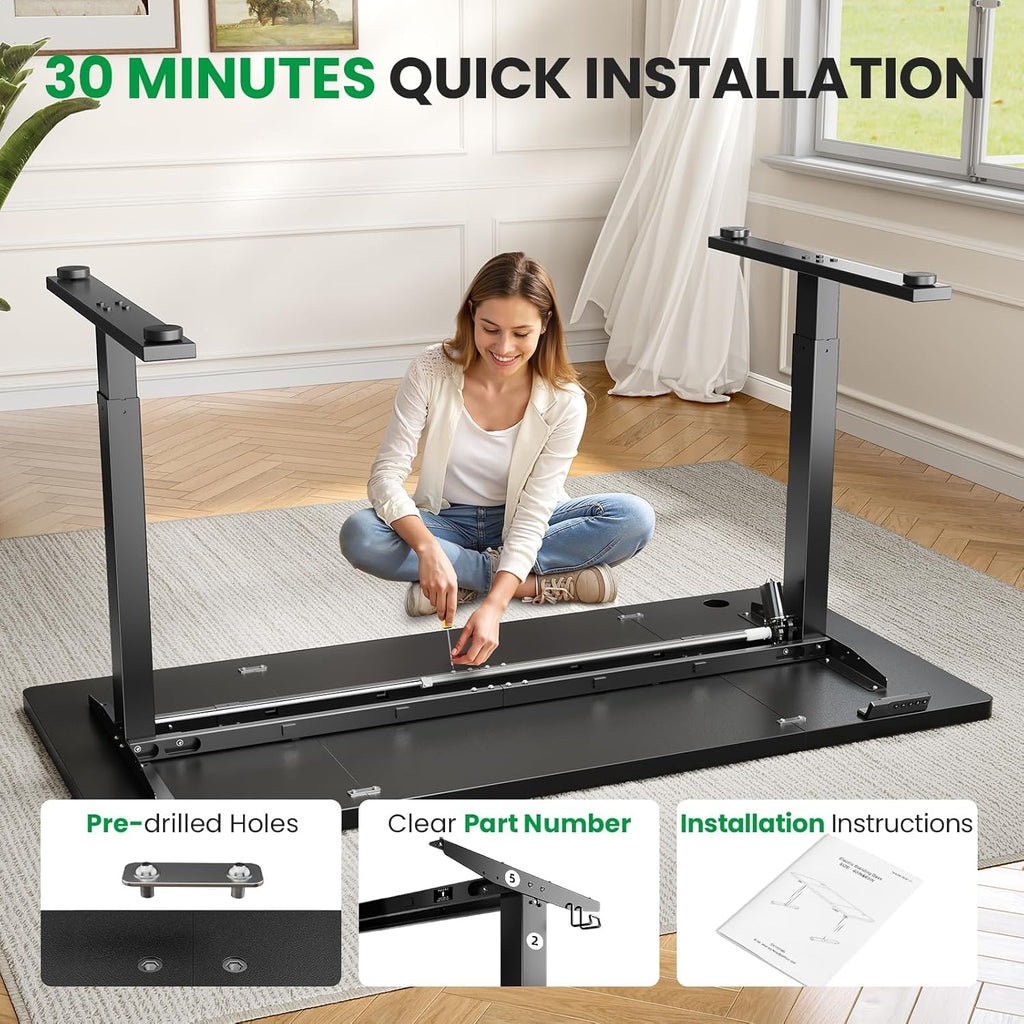 Black 60x28 in Electric Standing Desk, 1 Inch Thick Tabletop | Double Beam Frame, Holds 220lbs, Sit Stand, 3 Memory