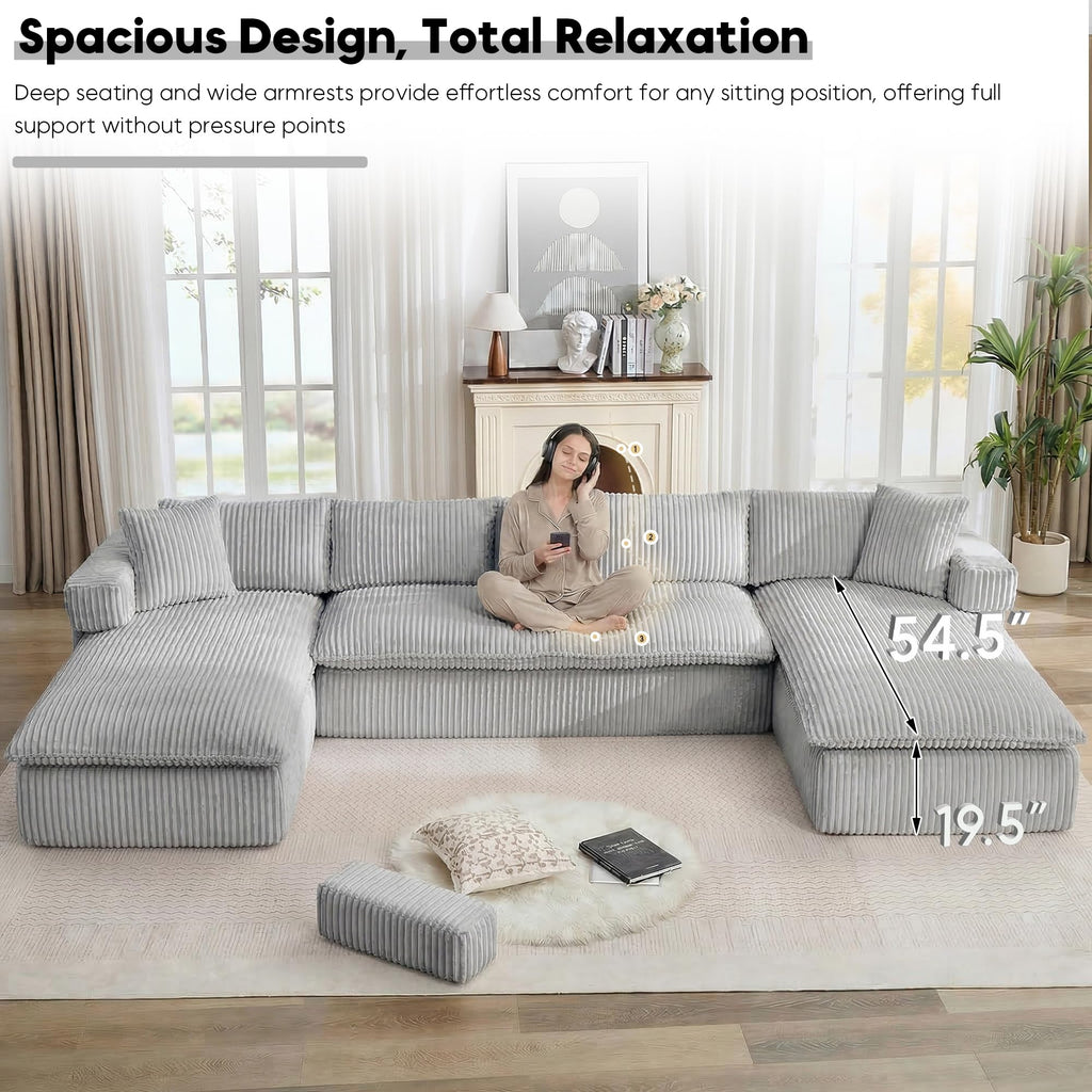 149" Oversized Cloud Boneless Couch with Chaise, Modern U Shape Modular Deep Seat Sectional Sofa, Comfy Corduroy