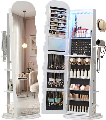 360° Swivel Jewelry Armoire with Full Length Wave Mirror, White