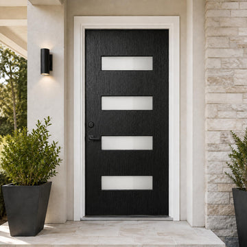 36 x 80 Black Fiberglass Front Entry Door, Woodgrain Texture, 4-Lite Frosted Low-E Glass, 4-9/16" Vinyl Frame &