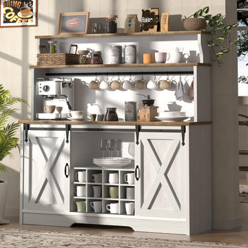 55'' Farmhouse Coffee Bar Cabinet with 3 Tier Storage Hutch, Coffee Bar Station with Sliding Barn Door, Hutch Storage
