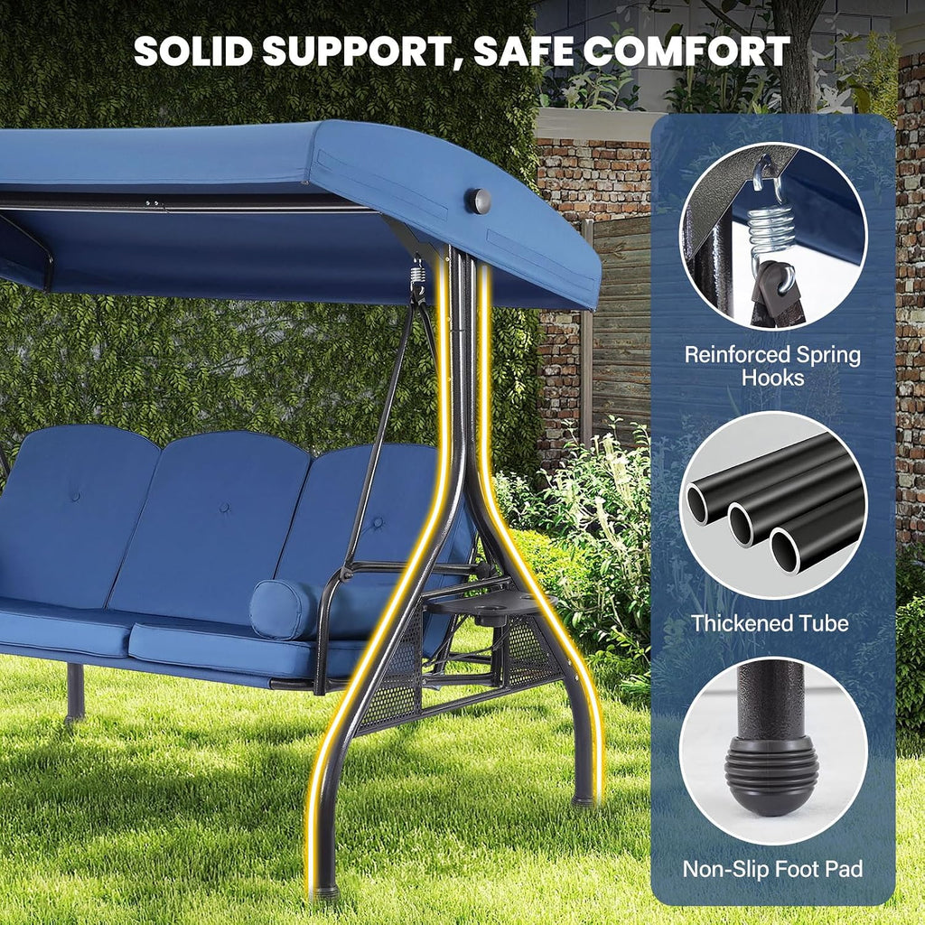 3 Seat Outdoor Porch Swing with Adjustable Canopy,2 in 1 Patio Swing Bed with Stand 800lbs for Adults,Outdoor Swing