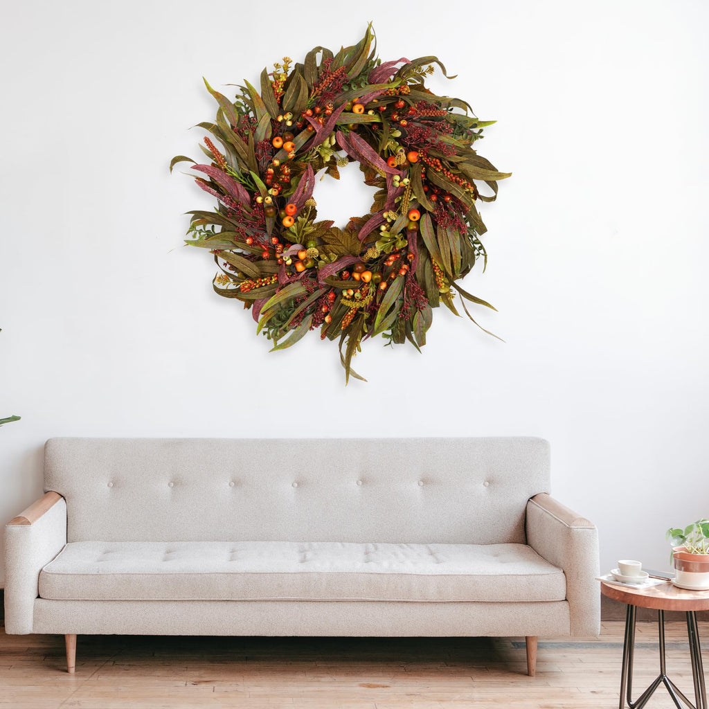 Olive Wreath for Front Door 22 inch, Greenery All Season Wreath with Olive Leaf Fruit, Home Decoration for Outdoor