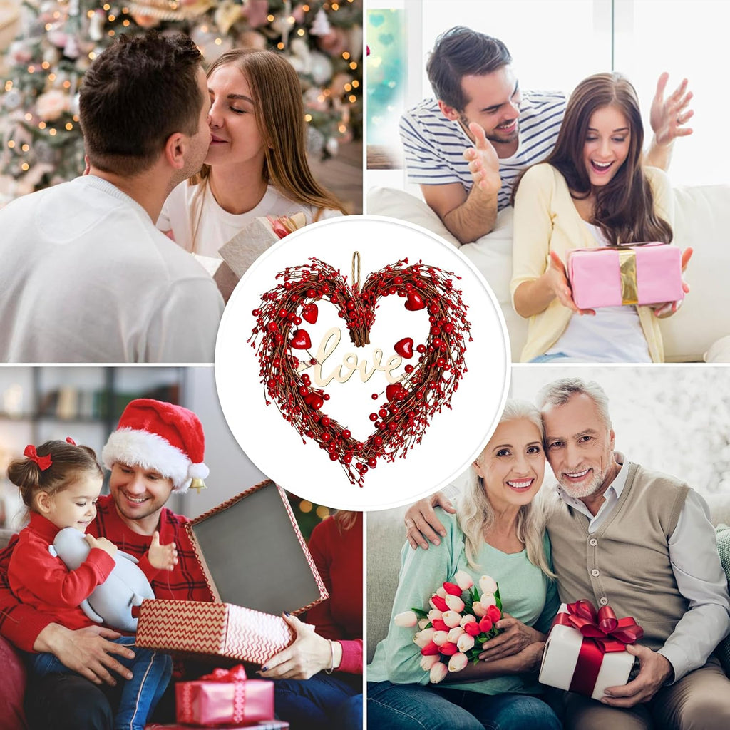 Valentines Day Wreaths for Front Door,14 Inches Artificial Red Berries Valentine Heart Shaped Wreath Decor with Love
