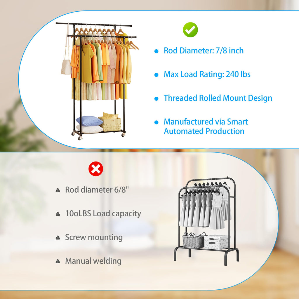 Garment Rack with Wheels, Portable Clothing Rack , Closet, and Laundry Room