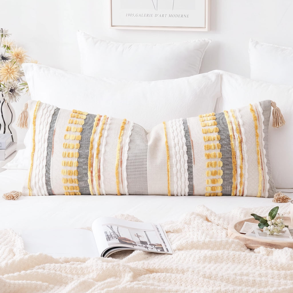 Chenille and Cotton Long Pillow for Bed, Striped Textured Boho Lumbar Throw Pillow Cover 12x36, Neutral Accent