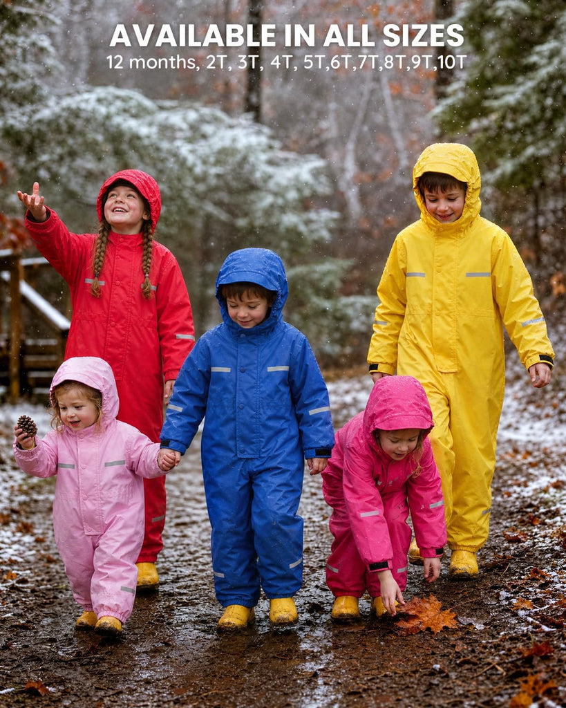 Kids Fleece Lined Rain Suit - One Piece Muddy Buddy for Toddler Boys Girls, Full Body Raincoat for Autumn