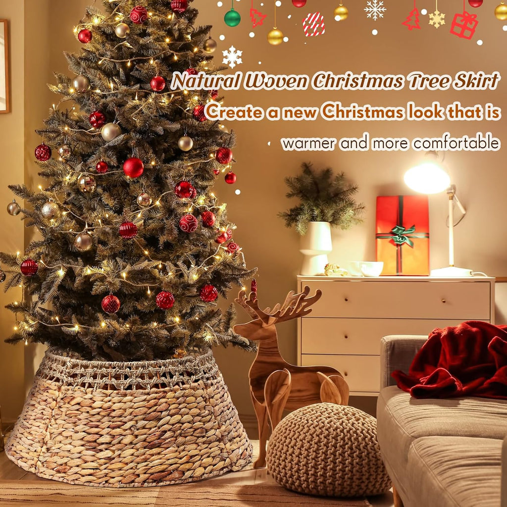 Christmas Tree Collar Woven Rattan Christmas Tree Base Cover Rustic Natural Seagrass and Water Hyacinth Wicker Skirt