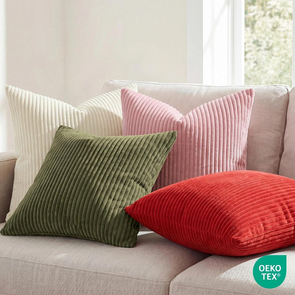 Christmas Pillow Covers 18x18, Super Soft Boho Striped Corduroy Pillow Cover, Xmas Decorative Throw Pillows - Set of 2