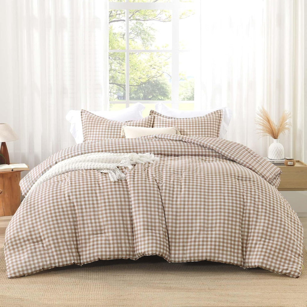 Tan Gingham Comforter Set Twin(66x90Inch), Brown Checkered Grid Plaid Buffalo Bed Set for Girls Boys Kids Teens, 2
