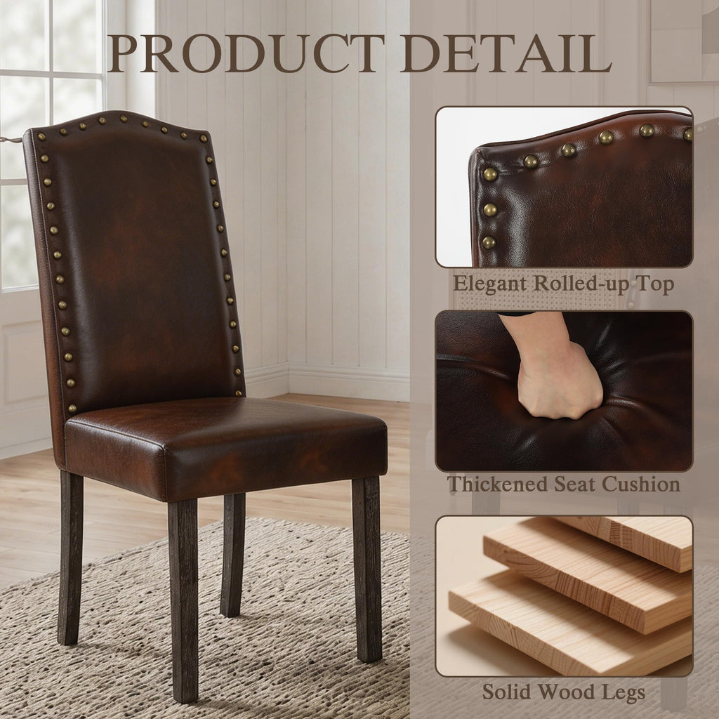 PU Dining Chair Upholstered Parsons Kitchen Chair with Copper Nails and Solid Wood Legs, Restaurant (Vintage Brown