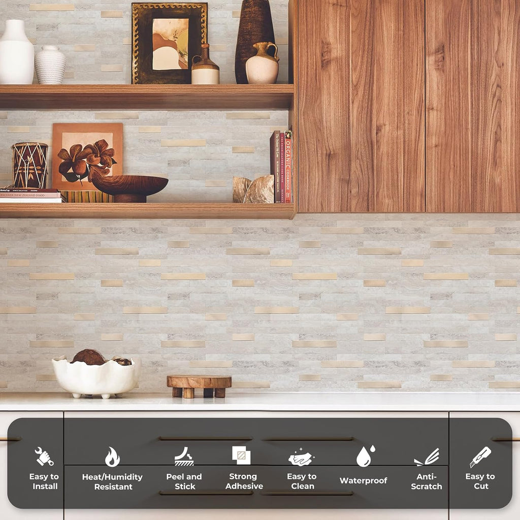 Peel and Stick Backsplash, PVC Wall Stick on Backsplash (10 Sheets, Beige with Metal Gold)