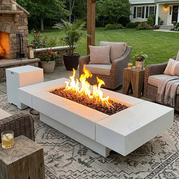 71.5-inch Outdoor Fire Pit Table, 60000 BTU Heat, Zinc-Aluminum, Propane Tank Cabinet, Wind Guard, Distressed Wood