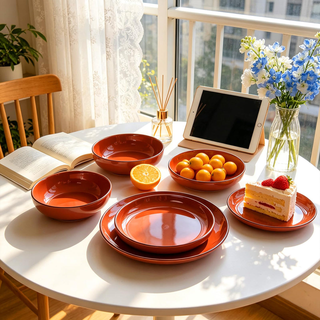 18-Piece Dinnerware Set, Shiny Glaze with Speckle Effect Plates & Bowls Set