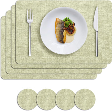 Faux Leather Placemats, Heat Resistant Vinyl Place Mats with Coasters, Wipeable Washable Waterproof Oil - Set of 4