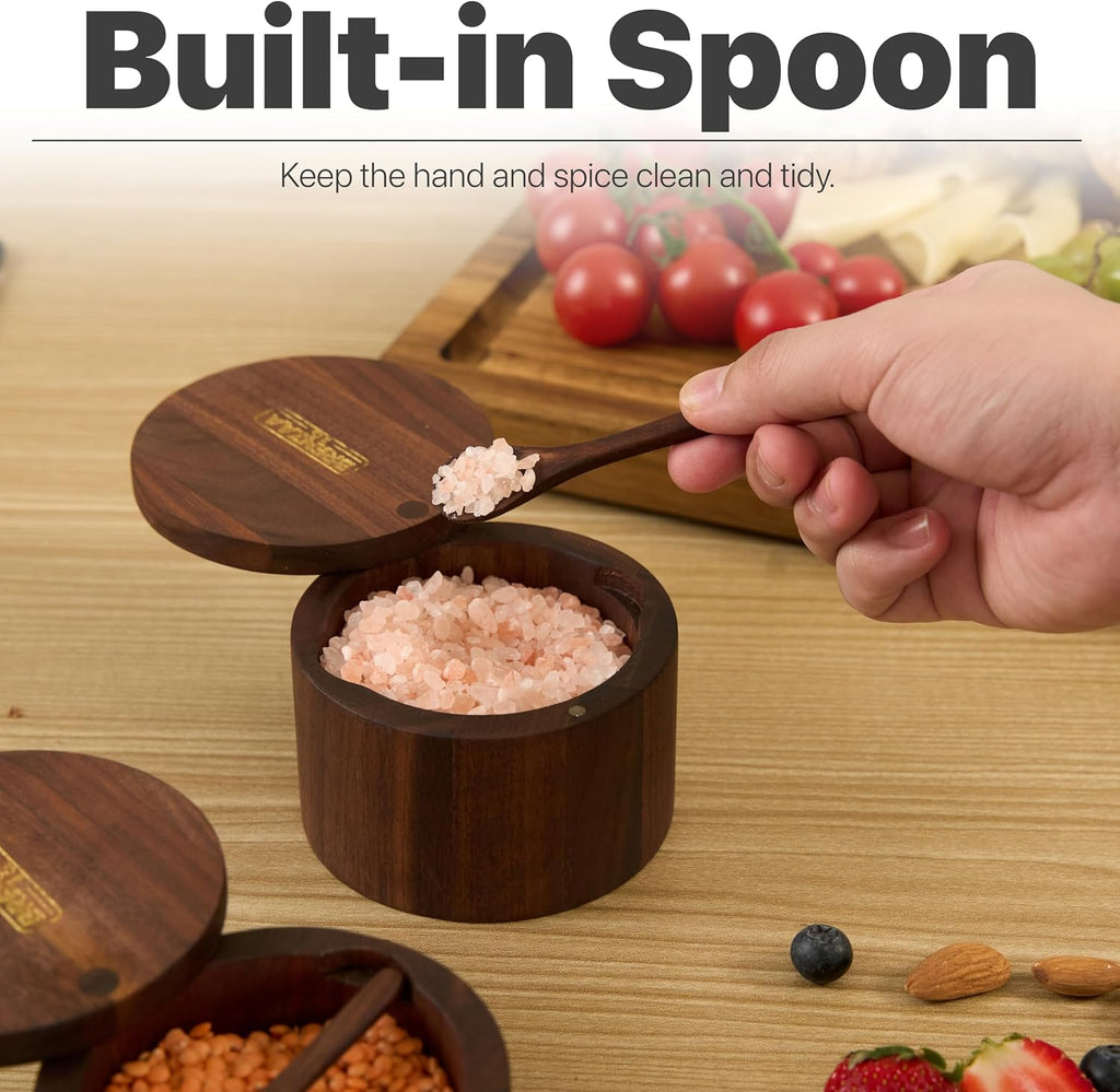 Natural Wood Salt Cellar Salt Box with Magnetic Lid & Spoon, 6 Oz