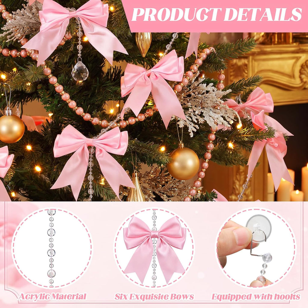 Christmas Tree Crystal Ornament, with Bow,39.4 Inches,Pink - Set of 6